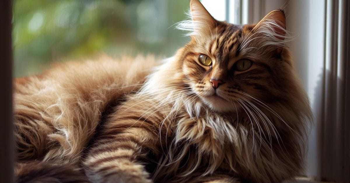 Maine Coon cat with long fluffy coat sitting by window